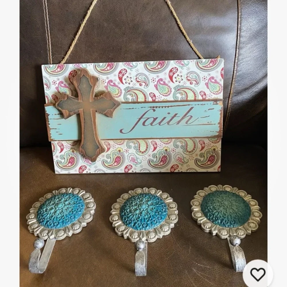 Inspirational Paisley, wood decor with Cross & three gorgeous turquoise hangers